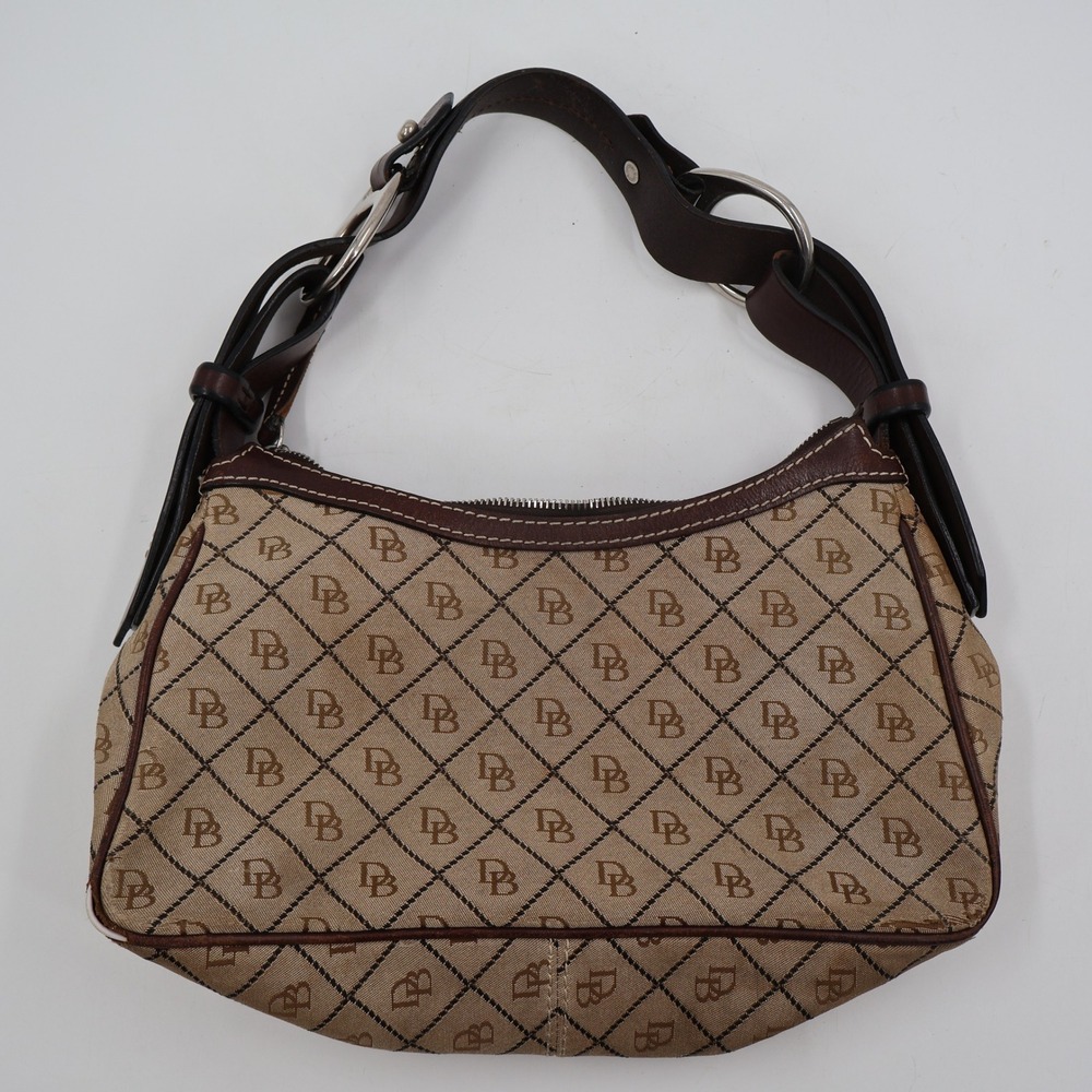 Dooney & Bourke Monogram Hobo Bag Womens Small Tan Brown Canvas Leather Vintage
